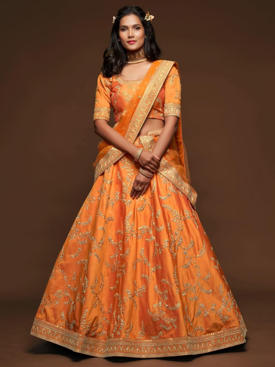 The modern vibes vol 1 Art Silk Orange Lehenga choli manufacturers in Kolkata